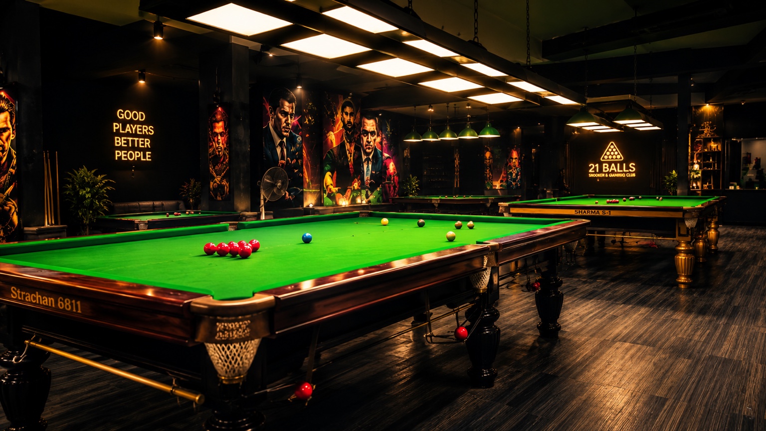 Wide interior view of 21 Balls snooker club Meerut